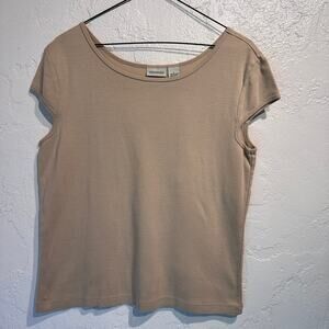 Vintage Crossroads Size Large 100% Cotton Tan Cap Sleeve T-Shirt Minimalist